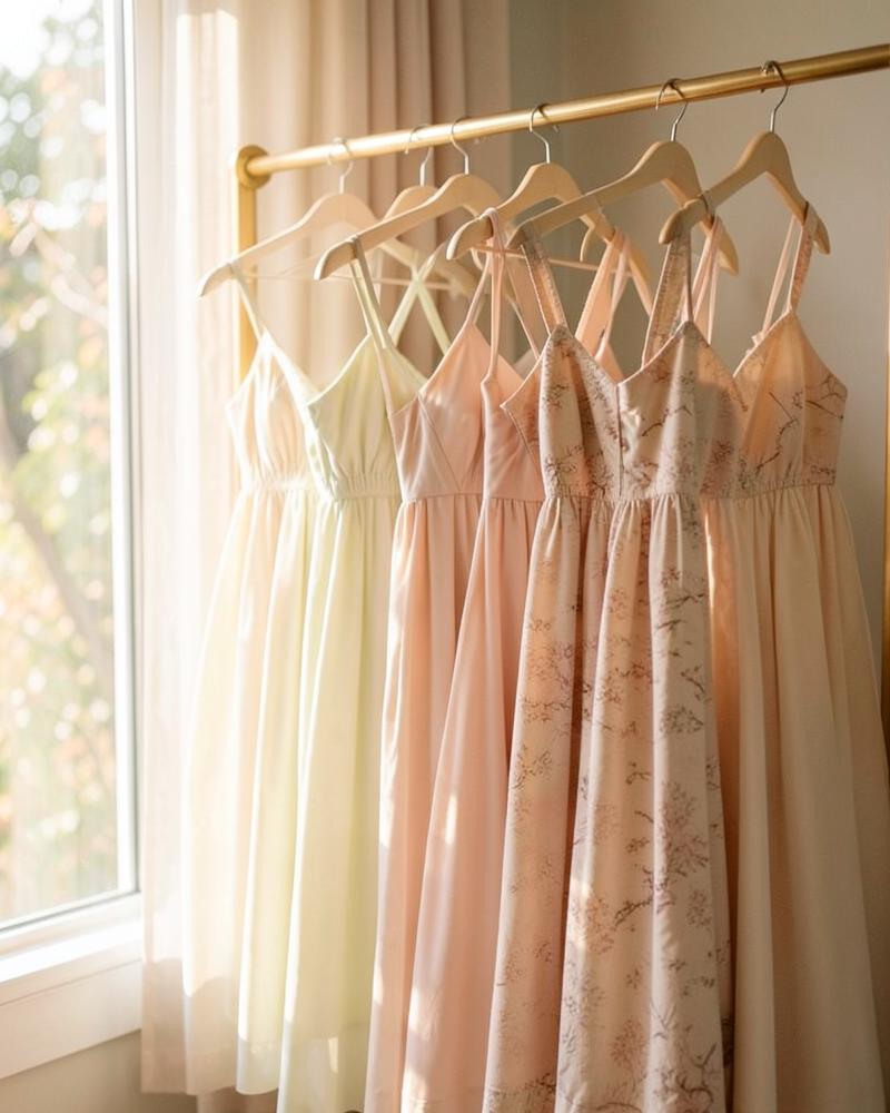 Flowy dresses hanging near a sunny window