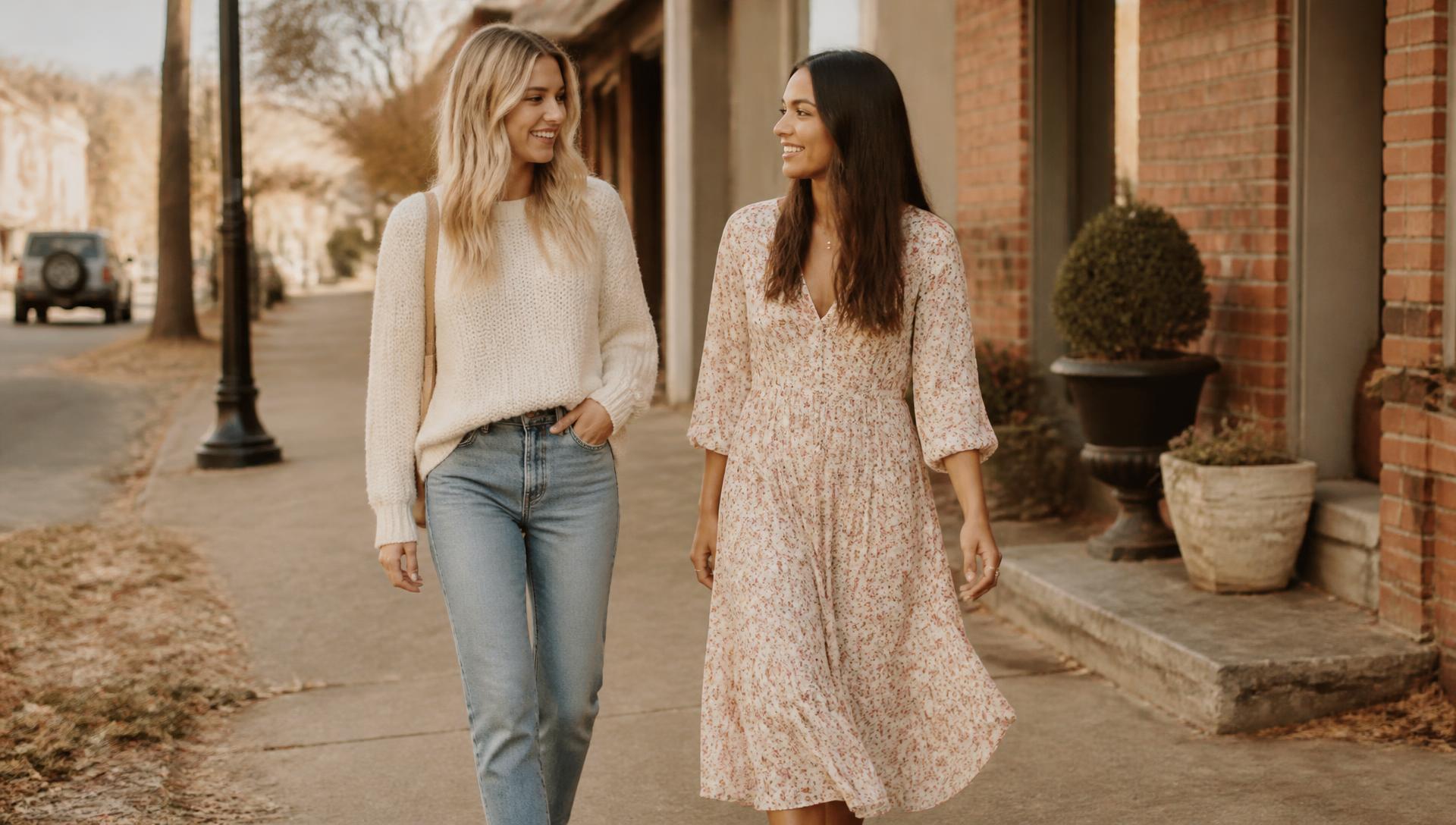 Two women in casual chic outfits walking a small town street in warm light