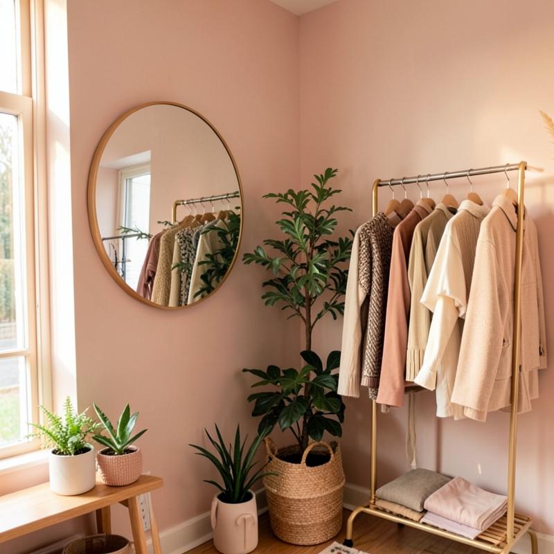 Blush boutique corner with a round mirror and clothing rack