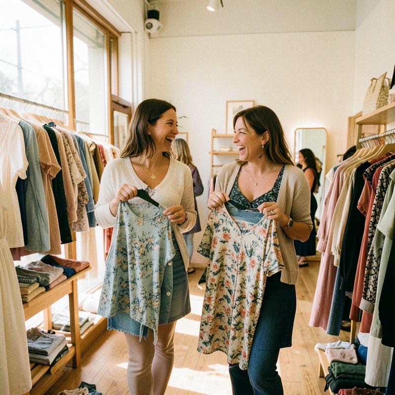 Two friends shopping together inside a boutique