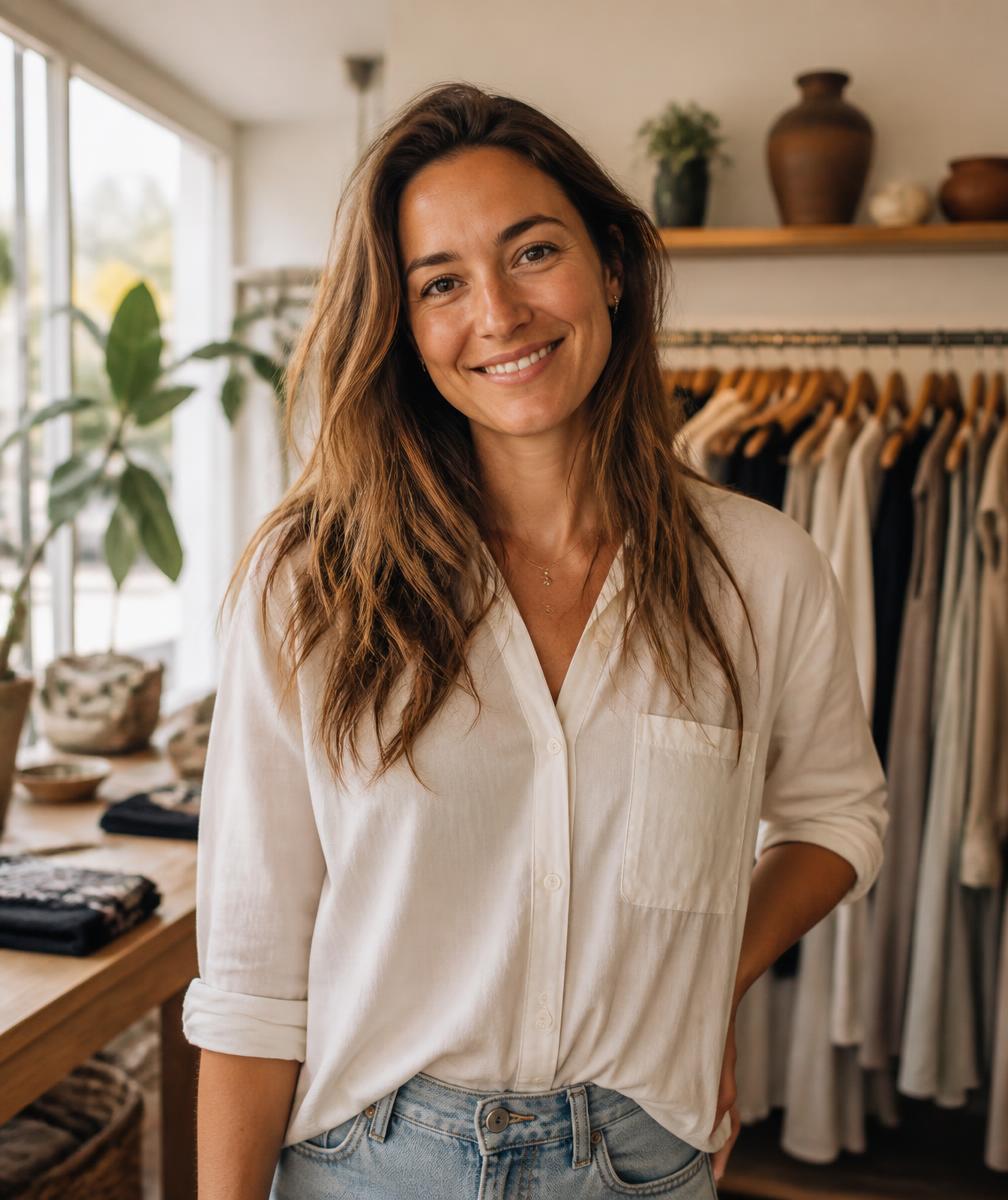 Boutique owner smiling inside her shop