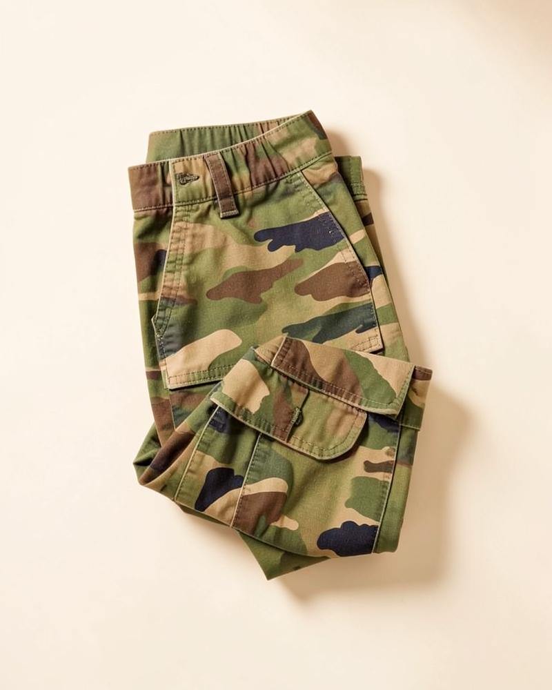 Olive camo cargo pants folded on a cream background