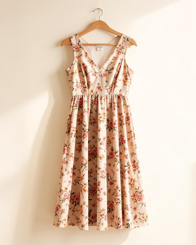 Floral midi dress on a hanger