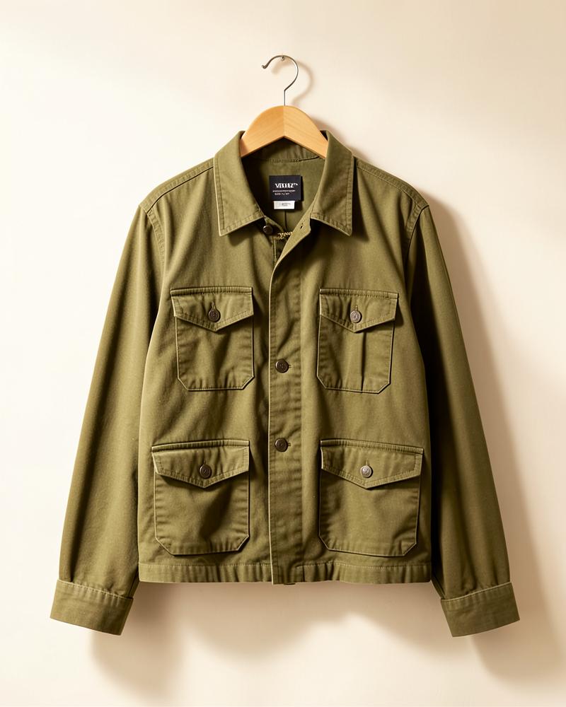 Olive green utility jacket on a wooden hanger