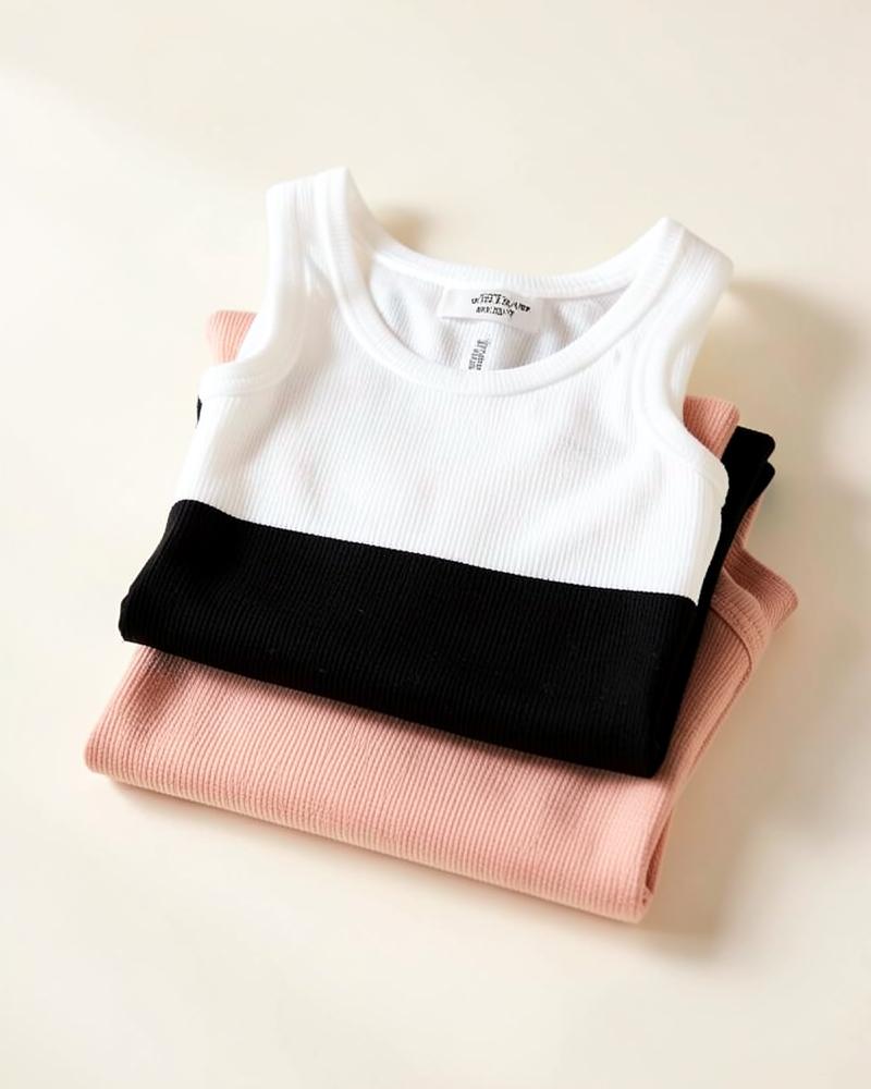 Stack of ribbed tank tops in white, black and blush
